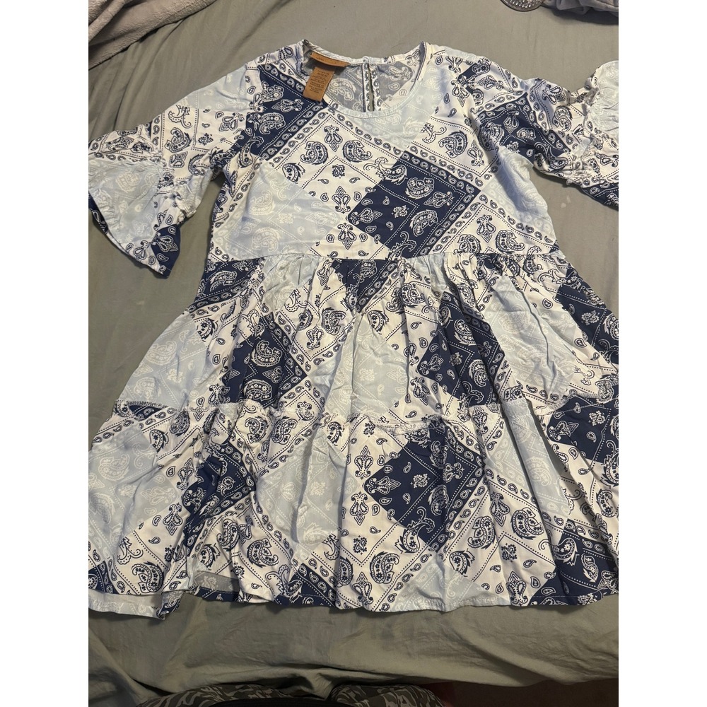 Wrangler Girls Blue White Patchwork Paisley Bandana Print Tiered Dress Size M